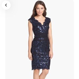 Tadashi Shoji Embroidered Sequin Lace Banded Navy Black Sheath Cocktail …